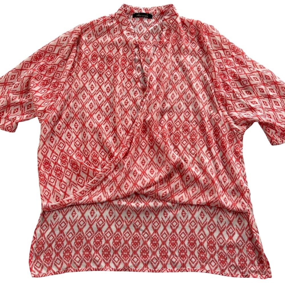 OoberSwank Top Womens Large Geometric Print Sheer High Low Sheer Draped Front